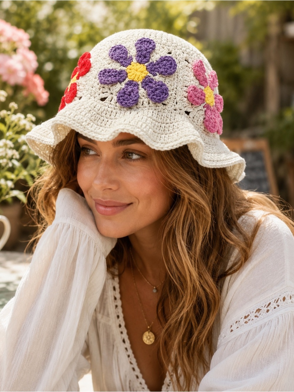 Handmade Crochet Floral Bucket Hat Adult One Size NWT